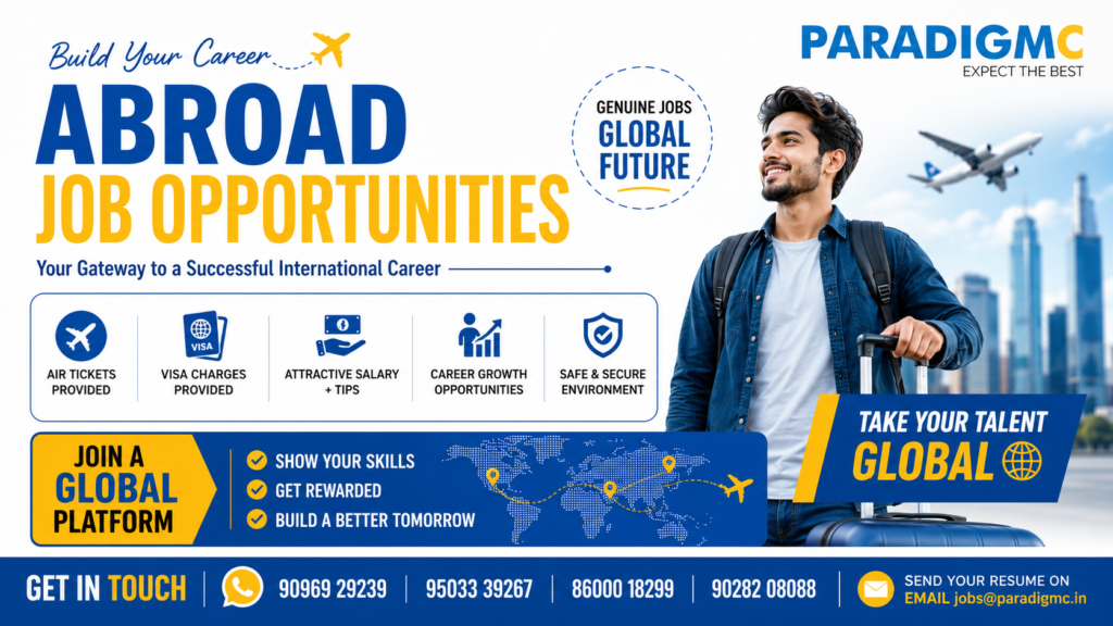 Looking for overseas jobs in India? Apply for genuine international job opportunities with Paradigm Consultancies. Retail, hospitality, engineering, chef & more. Visa guidance available.